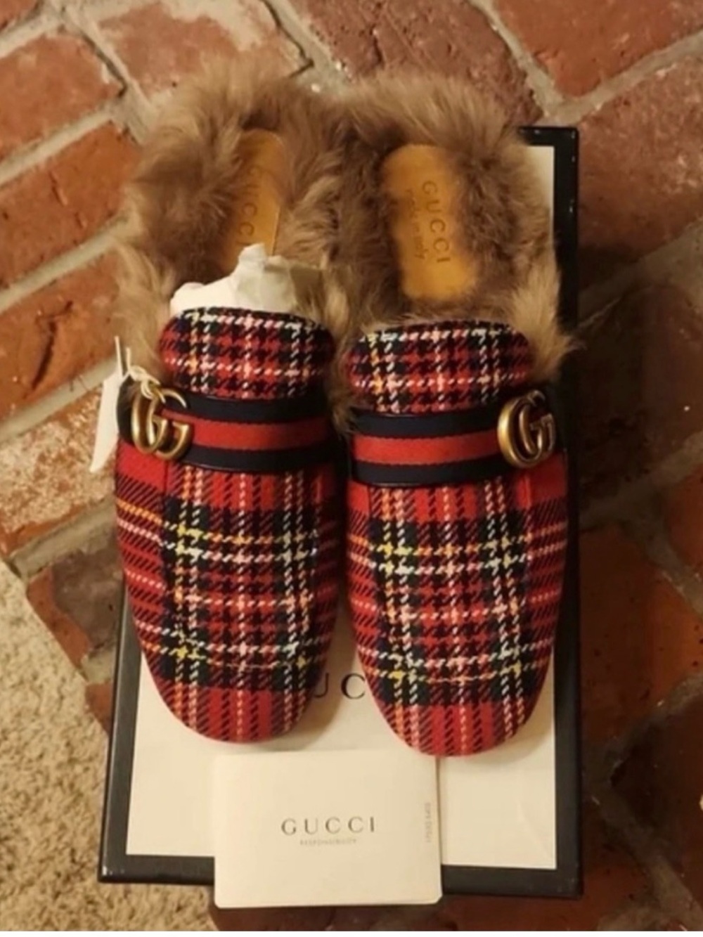 Gucci Red Plaid Fur-Trimmed Slip-On Loafers with Gold GG